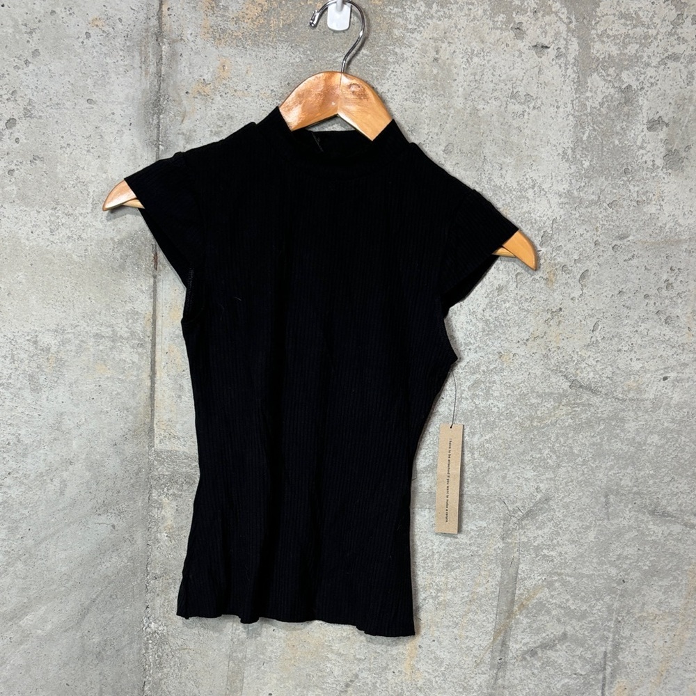 Reformation Black Ribbed Short Sleeve Mock Neck Tee
